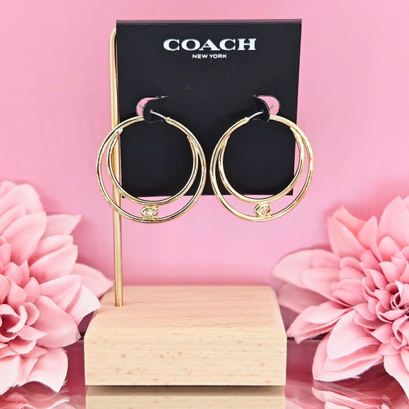 Coach Earrings Gold Tone Double Hoop Earrings C Logo Thread Through Classic Gift - Picture 2 of 3